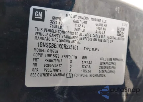 2012 Chevrolet Tahoe Lt z USA, uszkodzony, nr VIN 1GNSCBE0XCR225151